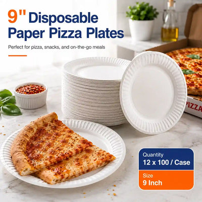 9" Disposable paper Pizza Plates – Round Paper Plates for Pizza Slices, Fast Food, Parties & Takeaway 12 x 100/Case