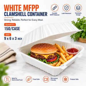 MFPP hinged clamshell container for hot meals