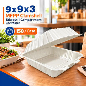 9 x 9 x 3 MFPP Clamshell Takeout 1 Compartment Container – Disposable Food Packaging Box – Durable Microwave-Safe Meal Prep & Delivery Container – 150/Case