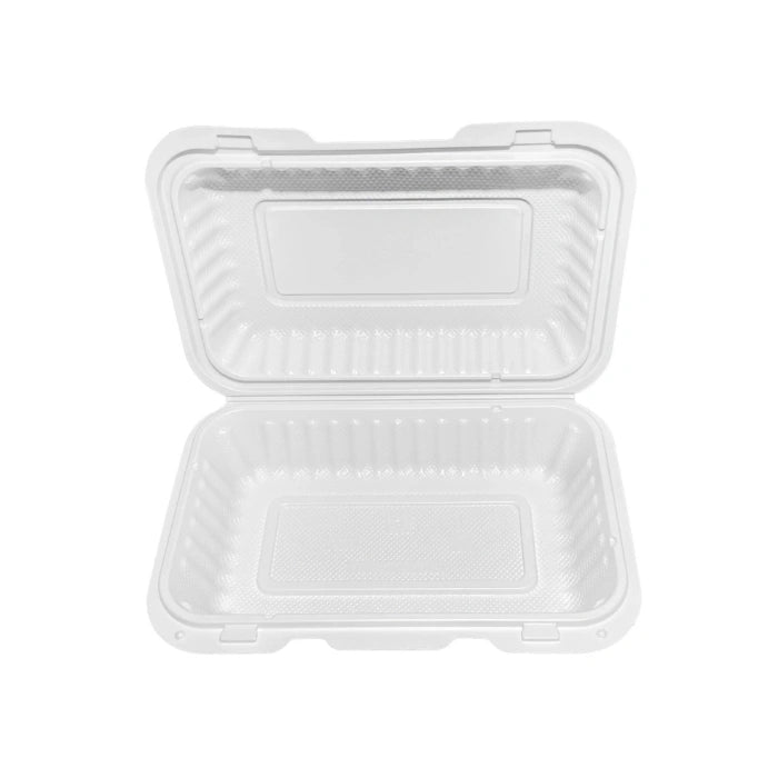 white rectangular disposable clamshell single container