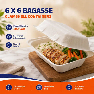 6x6 Bagasse Clamshell
