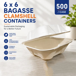 6x6 bagasse clamshell containers