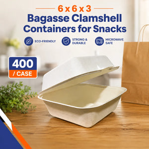6x6x3 bagasse clamshell containers