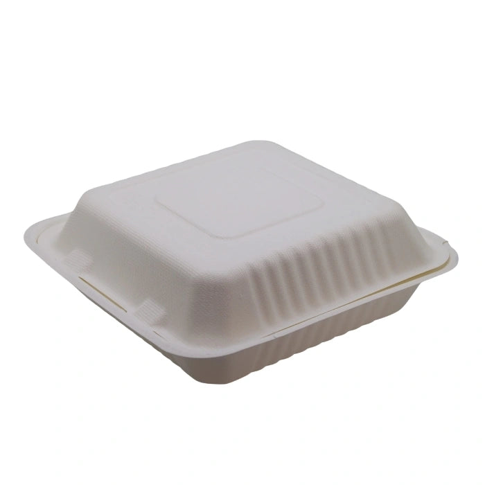 rectangular light beige bagasse clamshell container
