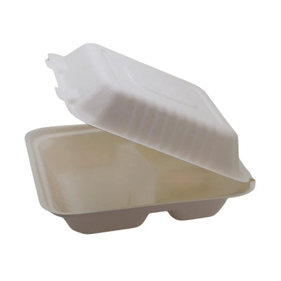 ECOZOE - 8*8*3 3 Compartment Bagasse Clamshell Containers, 200/Case