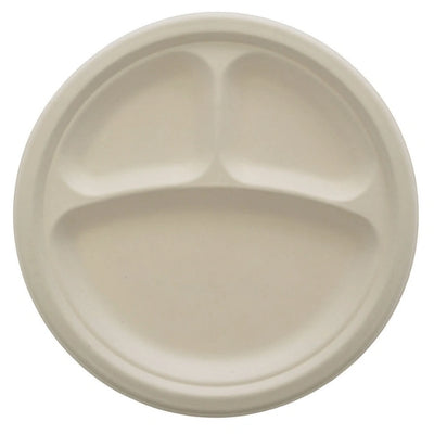 9" 3 Compartment  Round Bagasse Plate 500/Case