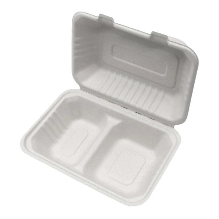 rectangular light beige bagasse clamshell container with two compartments