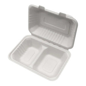 ECOZOE - 9*6*3 2 Compartment Bagasse Clamshell Containers, 250/Case