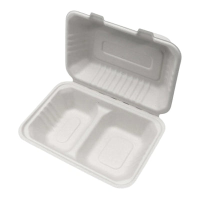 ECOZOE - 9*6*3 2 Compartment Bagasse Clamshell Containers, 250/Case