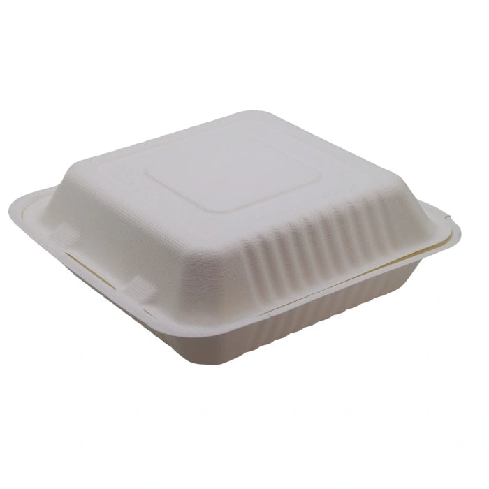 light beige rectangular bagasse clamshell container