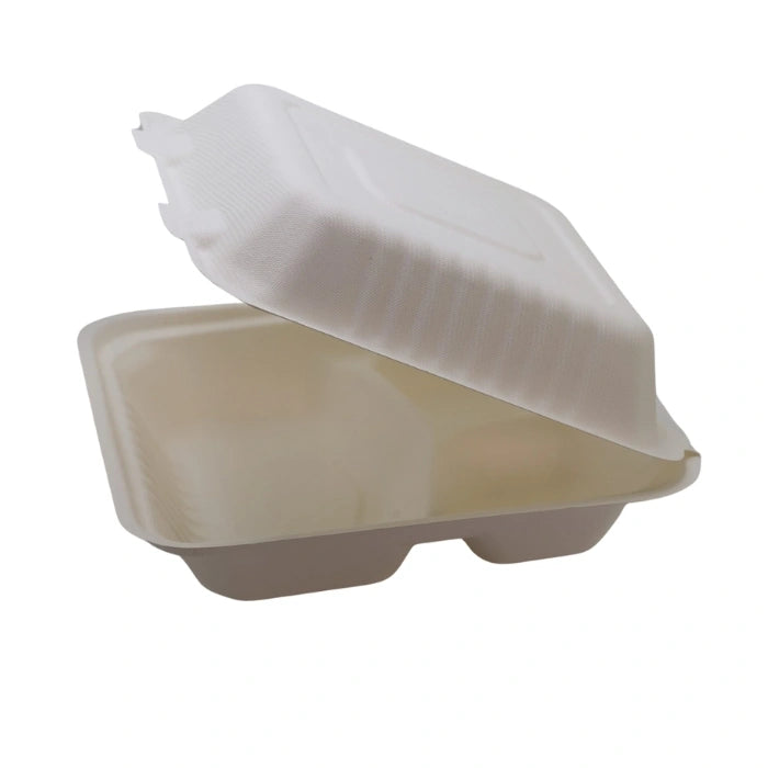 rectangular beige clamshell container with three compartment for food