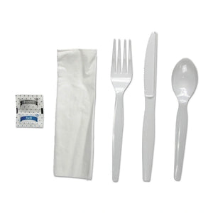 Heavy Duty White 6 PCs  Cutlery Kit – Eco-Friendly Compostable Fork, Knife, Spoon, Napkin, Salt & Pepper Set 250 Case) | OZAT