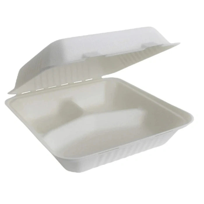 white rectangular food box with three compartments
