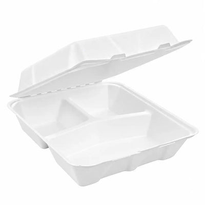 9x9x3 3 Compartment MFPP Clamshell Container, Microwave-Safe Disposable Takeout Food Box, Leak Resistant Meal Prep Container, 150/Case