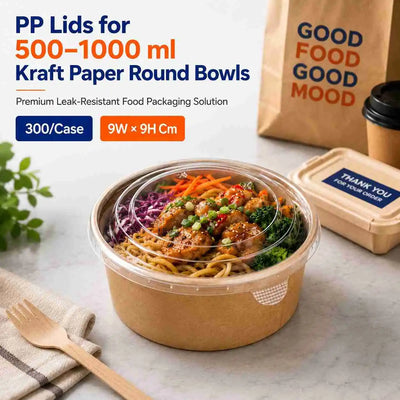 PP Lids for 500–1000 ml Kraft Paper Round Bowls – Clear Disposable Food Container Lids, Leak-Resistant Secure Fit Lids for Takeaway & Delivery, Wholesale Bulk Supply (300/Case)