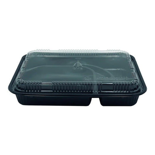 black rectangular food tray with 5 compartments