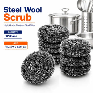 Steel Wool Scrub – Heavy Duty Stainless Steel Scouring for Kitchen, Pots & Pans Cleaning (12/Case)
